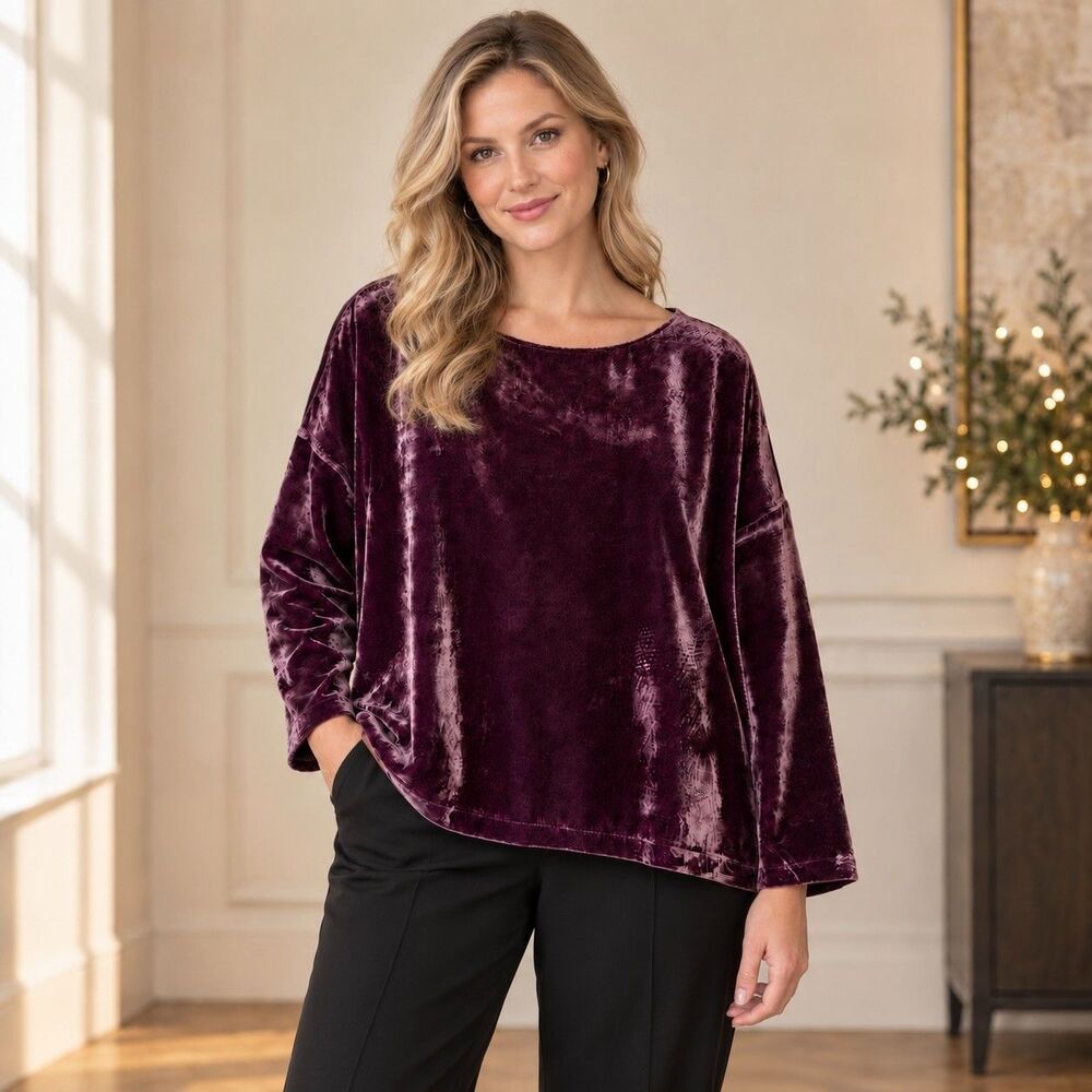 J. Jill Silk Blend Crushed Velvet Long Sleeve Top Sz LP Dark Purple Whimsigoth